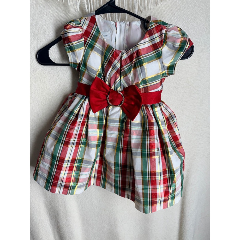 Bonnie Jean Girls Red Green Plaid Gold Metallic Holiday Party Dress 2T
